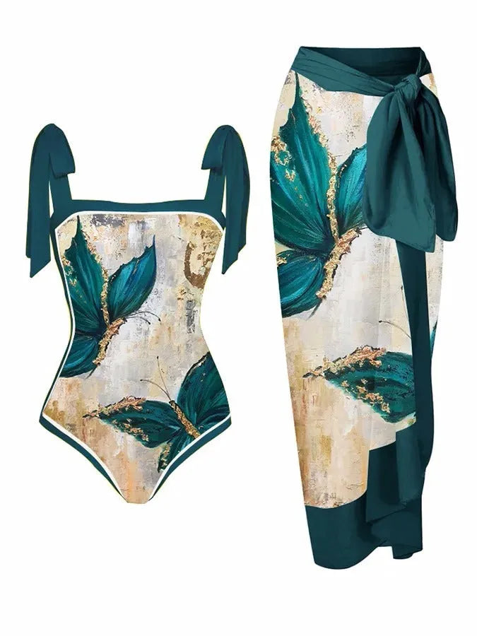 Women's printed two-piece chiffon swimsuit with hip skirt in floral pattern for swimming.