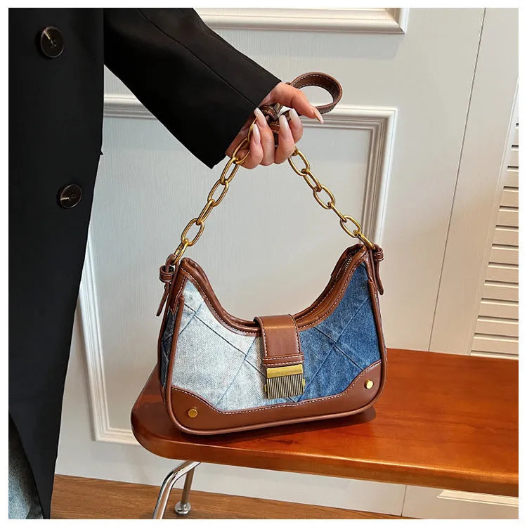 Brown denim women's shoulder bag with diamond mesh detailing and chain accents