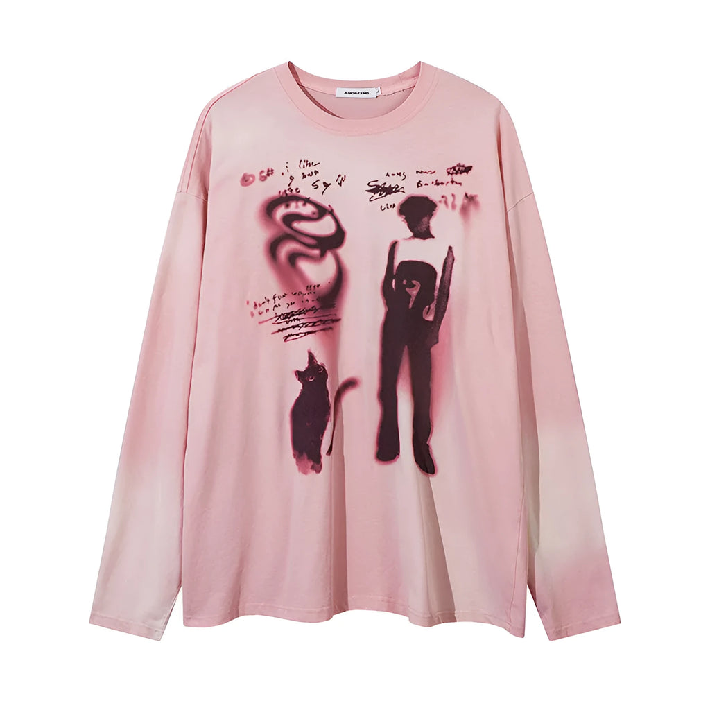 Women's loose long sleeve cotton pullover top with letter print and drop shoulders in dark grey.