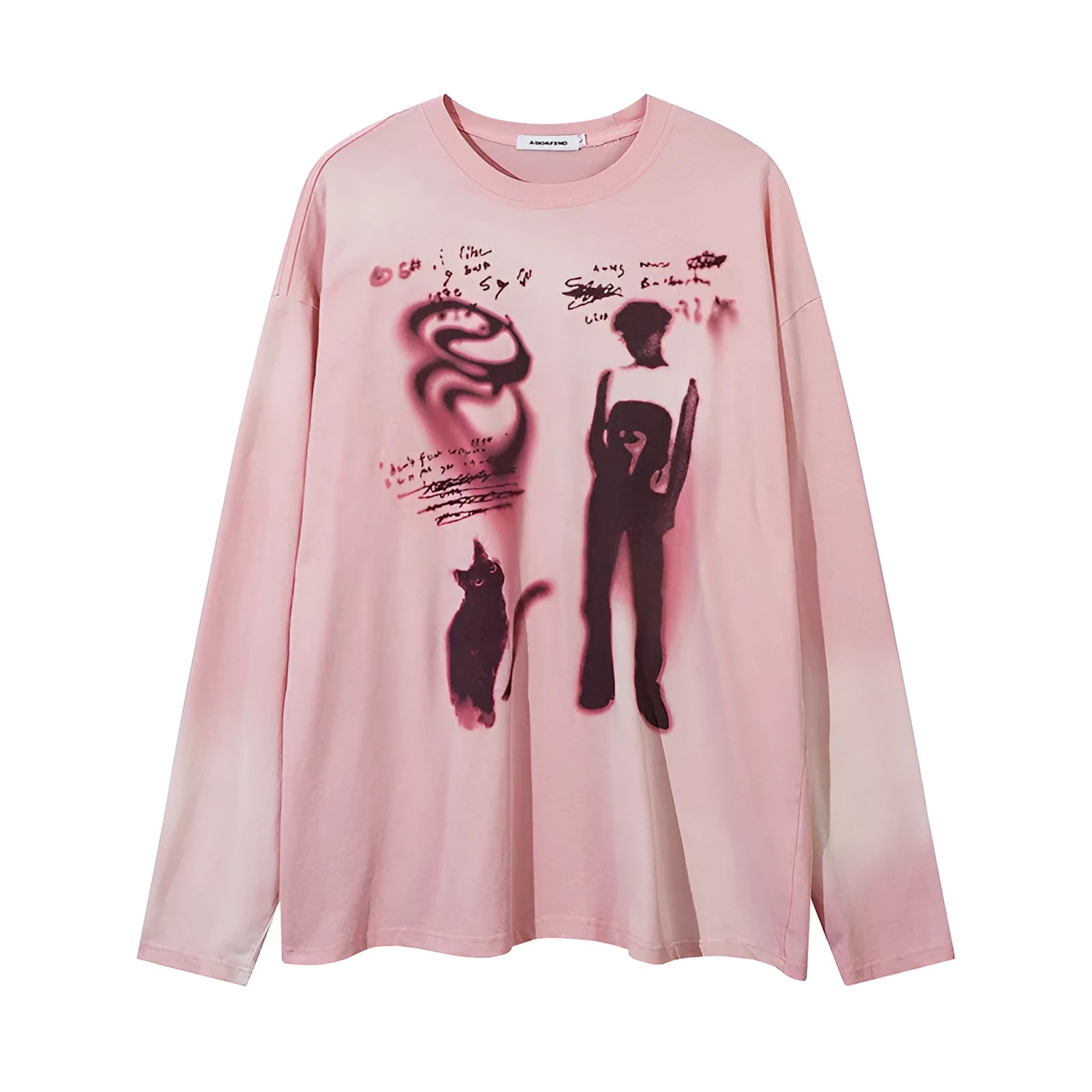 Women's loose long sleeve cotton pullover top with letter print and drop shoulders in dark grey.