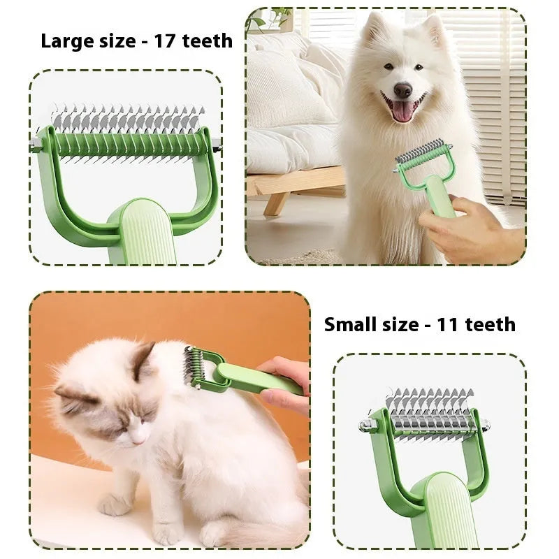 Green and grey dog unknotting comb with PP handle and stainless steel teeth, shown in large and small sizes.