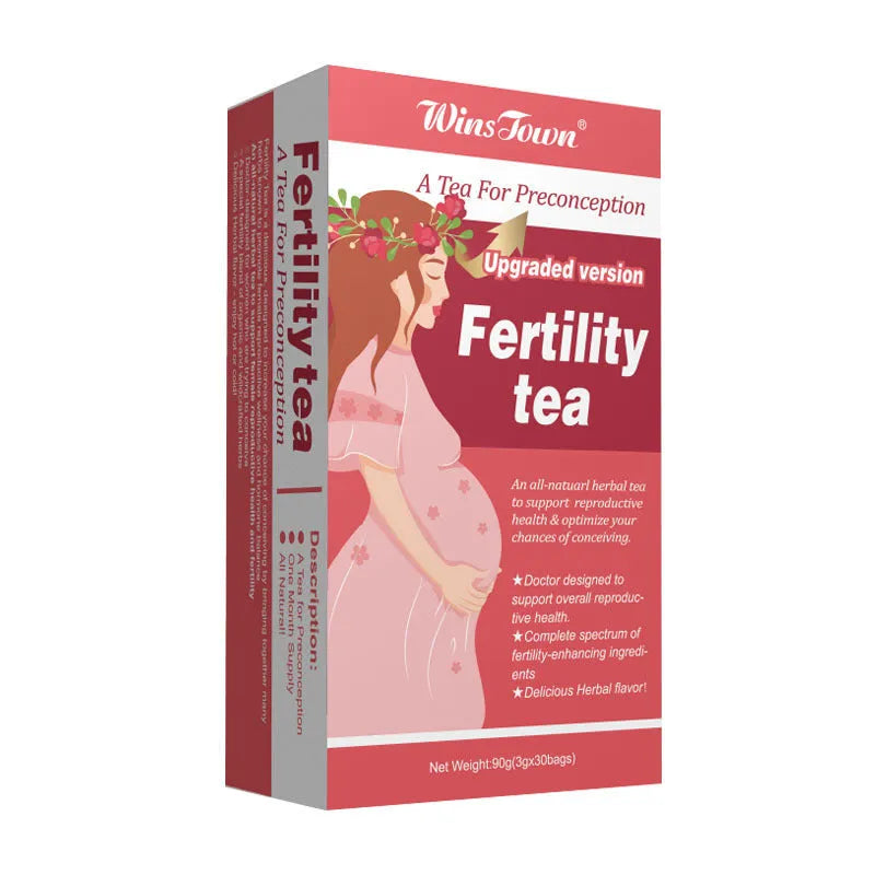 Box of fertility herbal tea containing 90 tea bags for reproductive wellness support