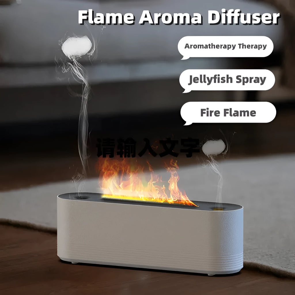Black or white Flame Air ultrasonic humidifier and essential oil diffuser with LED flame lights on.