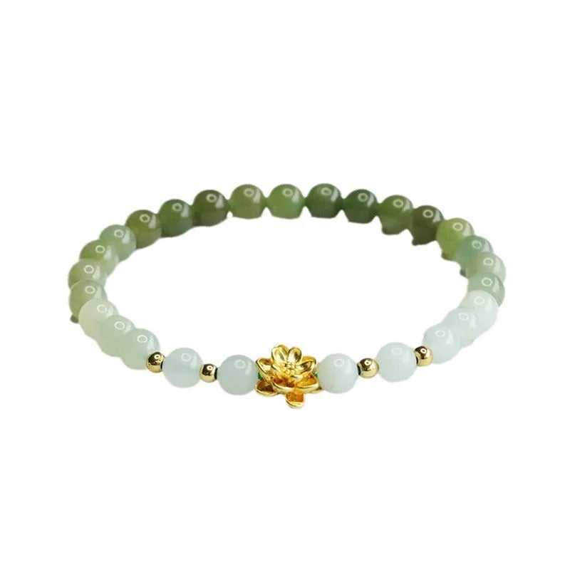 Ancient style Hetian jade bracelet with sunshine water gradient colour and flower-shaped beads