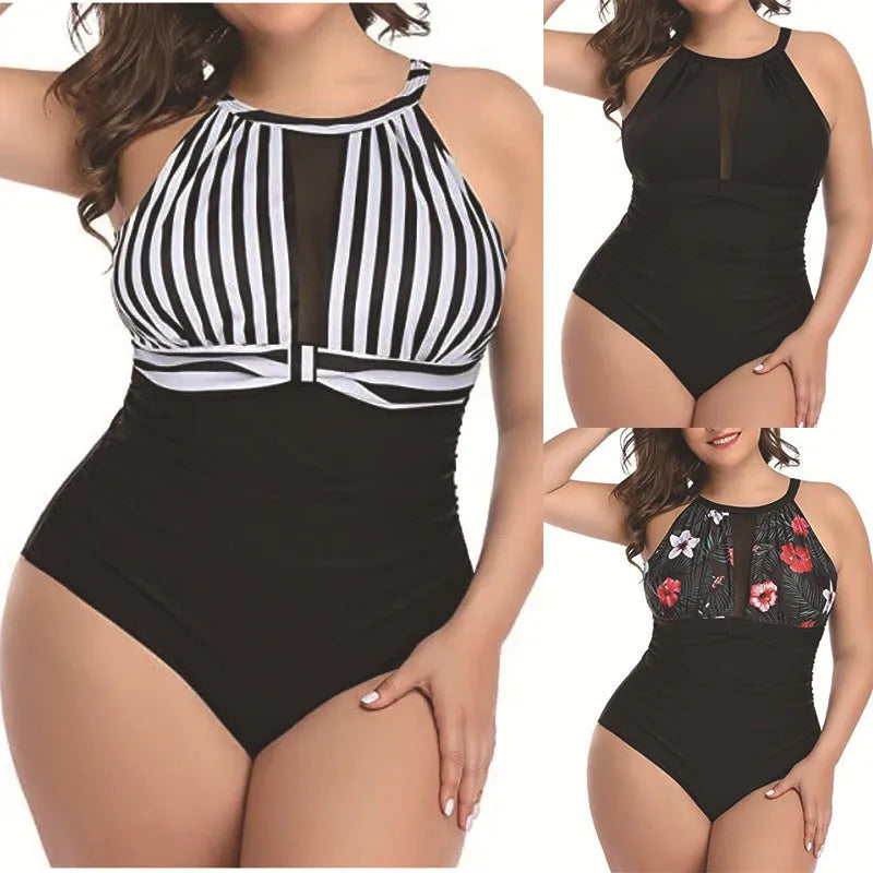 Women's solid colour one-piece swimsuit on a hanger, shown in black, striped, and red floral pattern options.