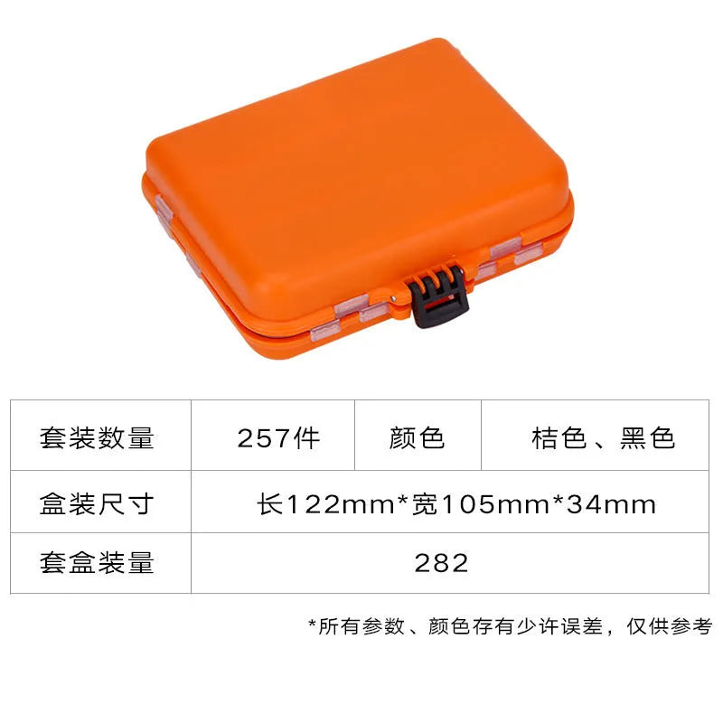 Orange ABS plastic box containing 257 pieces of fishing lure hooks and accessories.