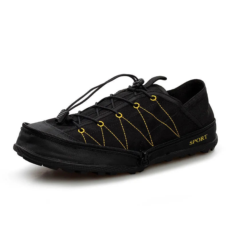 Portable folding outdoor hiking shoes with side zipper and mesh upper in orange colour