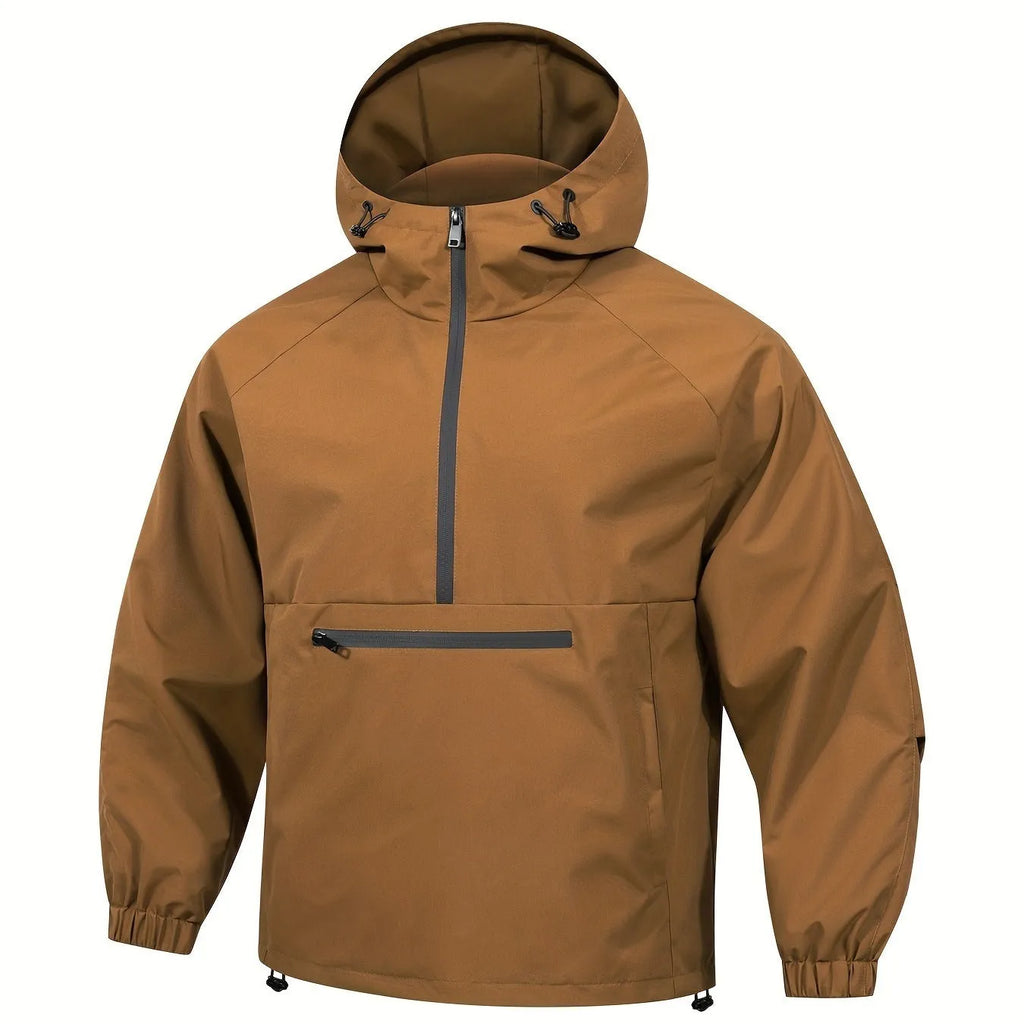 Man wearing a light gray loose fit corduroy hooded jacket with a half-zip and rabbit fur lining.