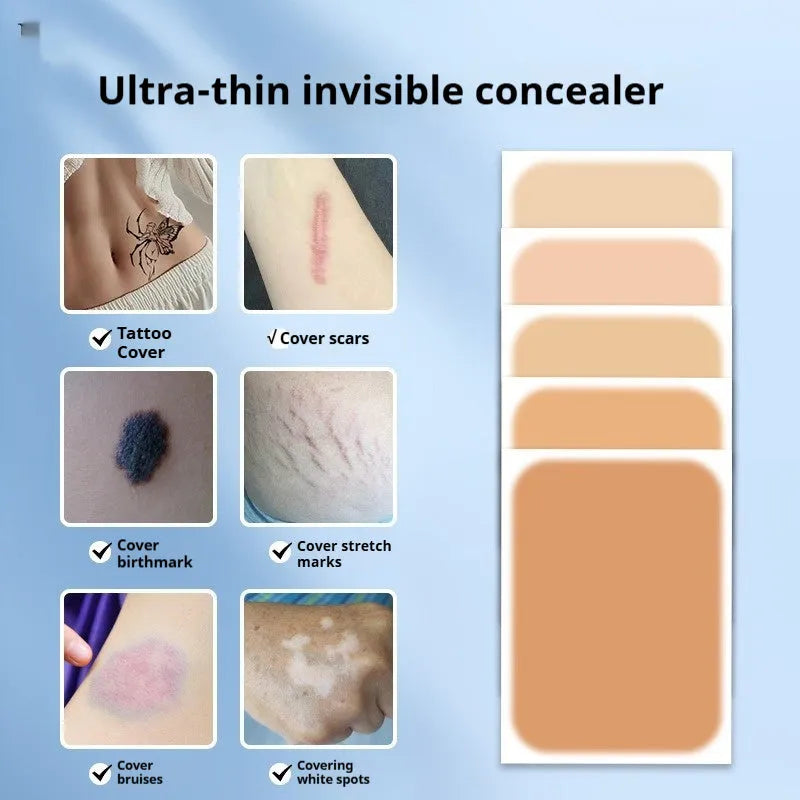 Adhesive tattoo cover patch and 130mm long applicator brush for skin concealment makeup.