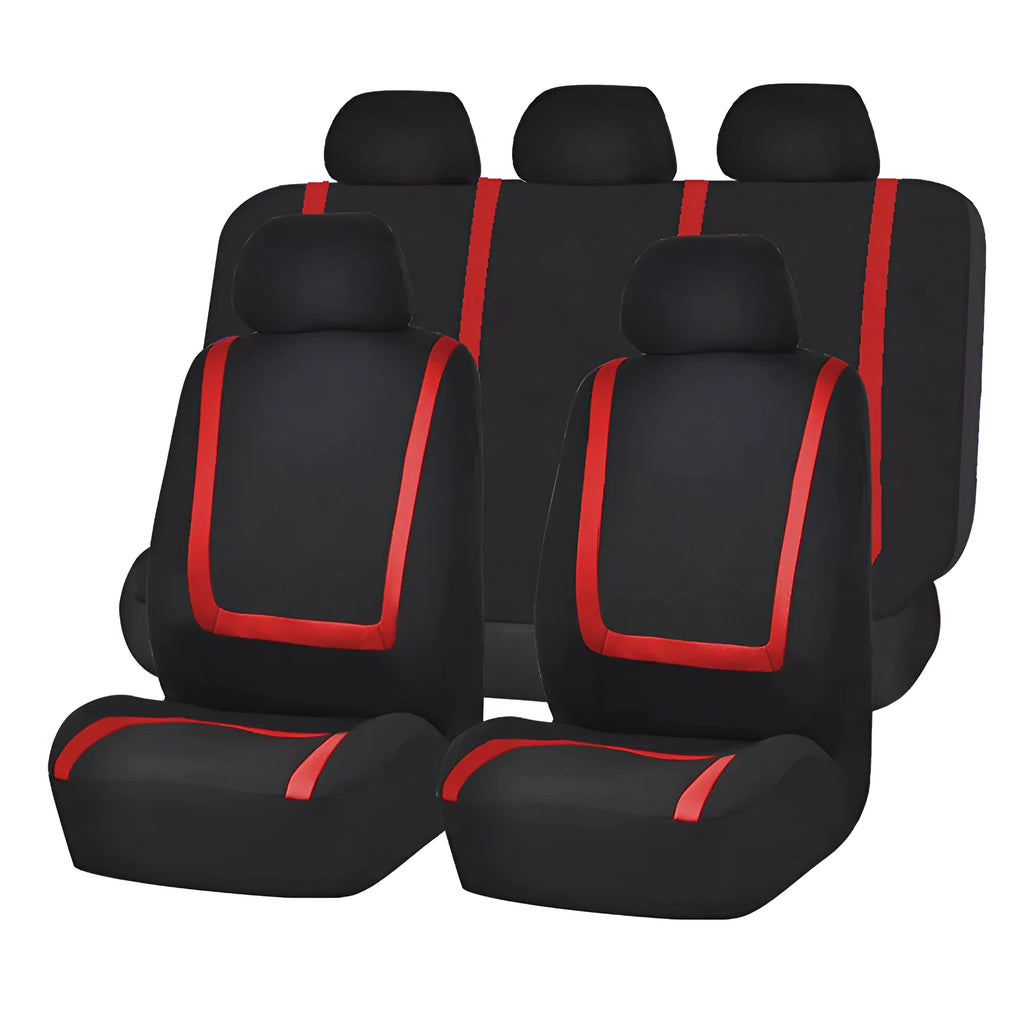 Fully enclosed universal car seat cover set in a beige and black colour combination.