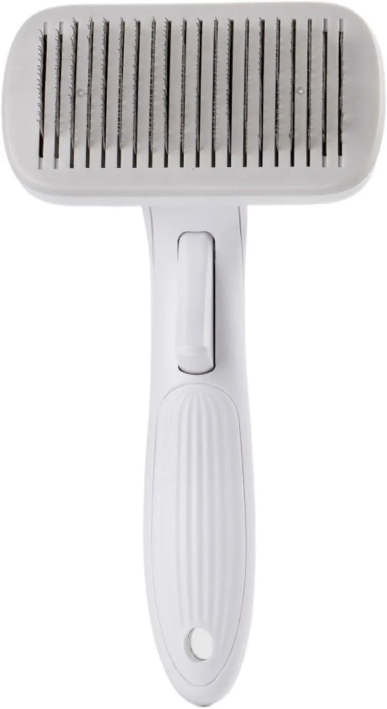 Blue automatic pet hair removal comb on a table, showing its size and one-click button.