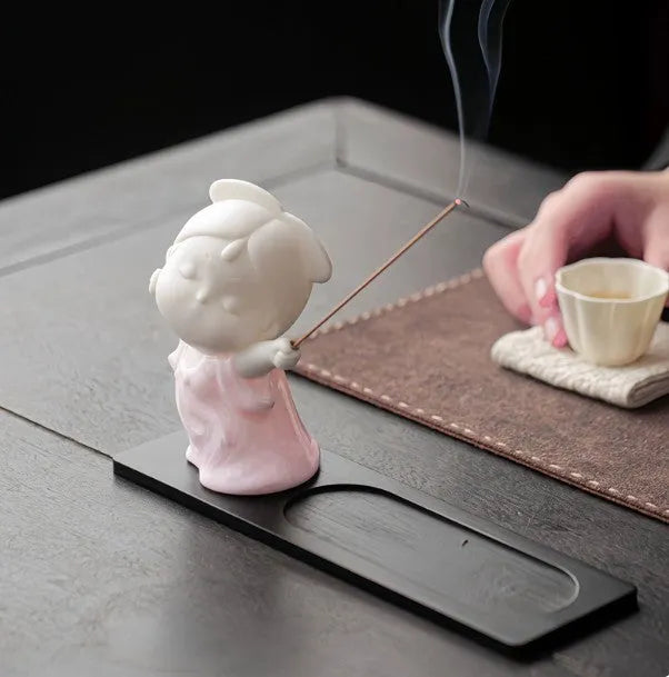 Ceramic female court attendant incense burner decoration in cute style with traditional design