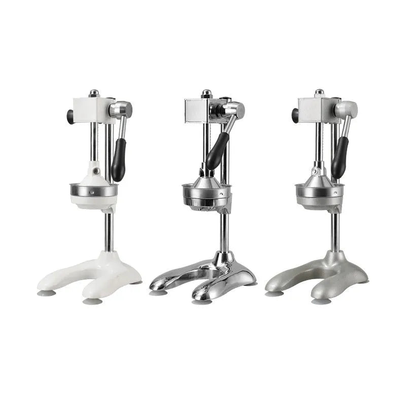 Vertical stainless steel manual juicer with interchangeable pointed, flat and double heads in multiple colours.