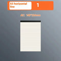 A5, B5, and A4 writing pads with paper covers, showing horizontal line, grid, and blank page ruling styles.