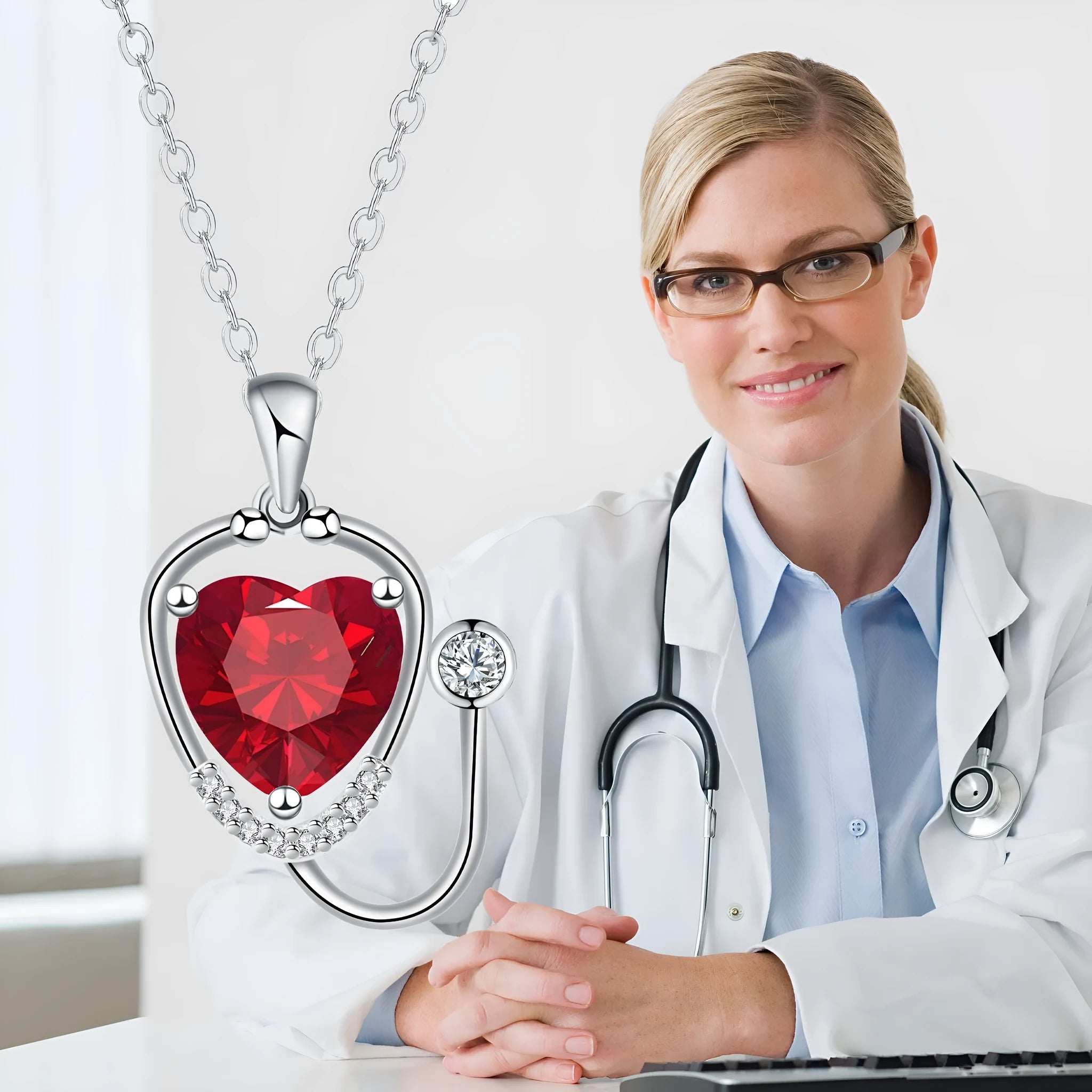 Women's copper necklace with a red diamond electroplated pendant showing stethoscope, wings, and cross design.
