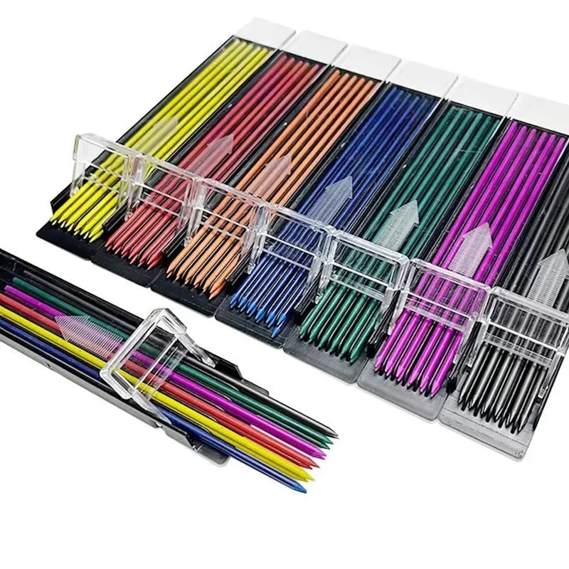 Box containing 12 rainbow-coloured mechanical pencil leads for drawing and replacement use