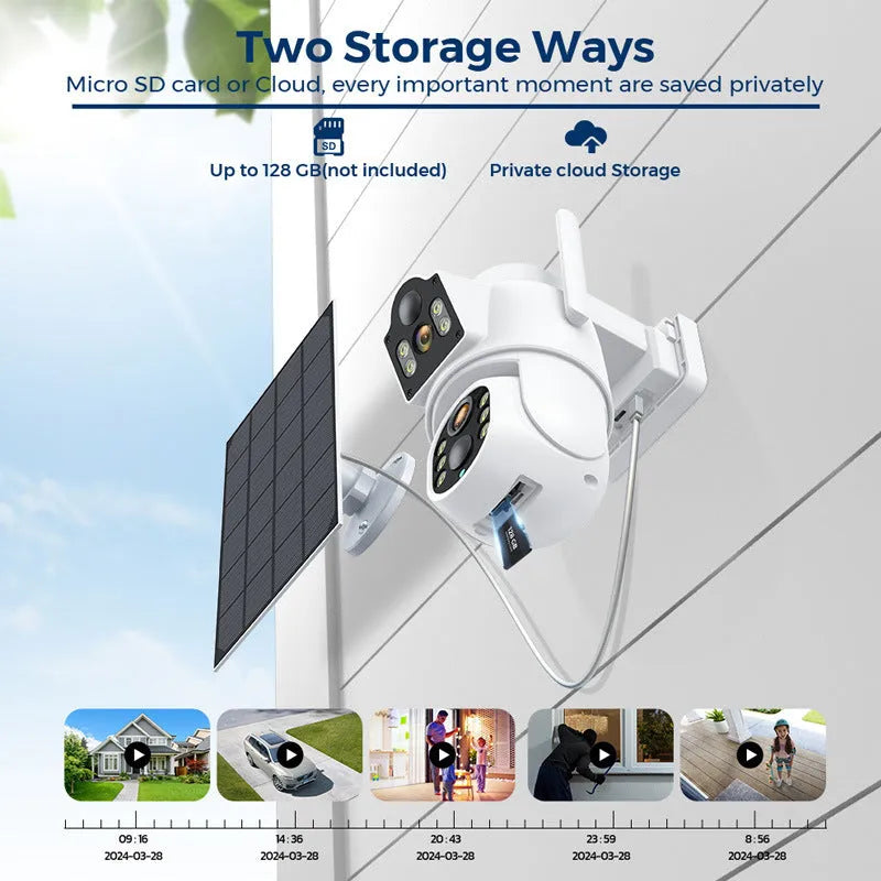 Outdoor solar wireless security camera with solar panel, showing 4MP resolution and 20m night vision capability
