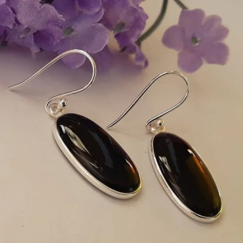 Black electroplated 925 silver women's earrings with oval agate pendant in geometric Chinese style