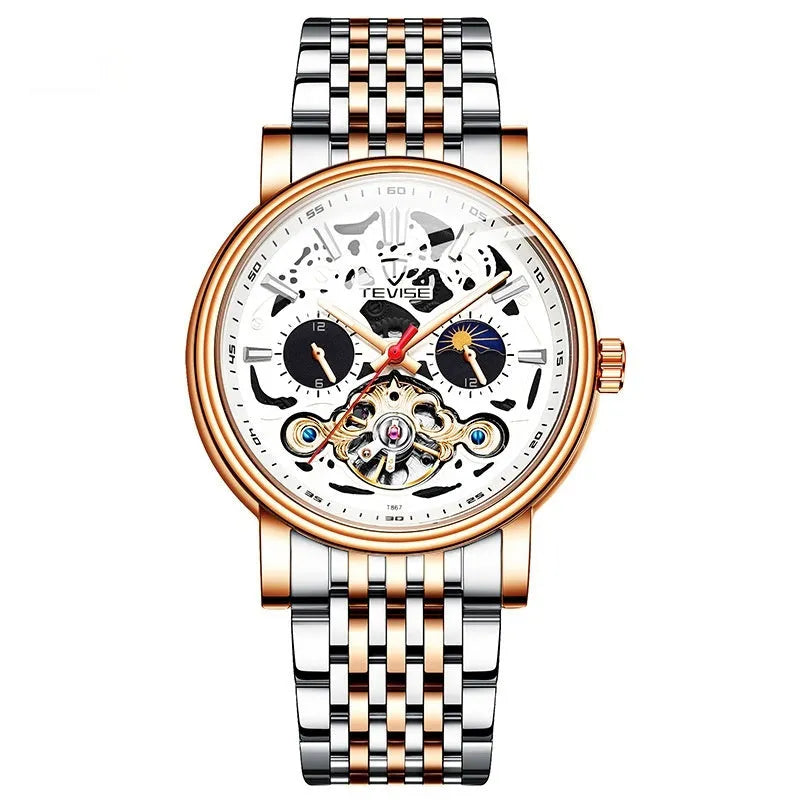 Men's tourbillon mechanical watch with luminous hands and water resistance in rose black colour