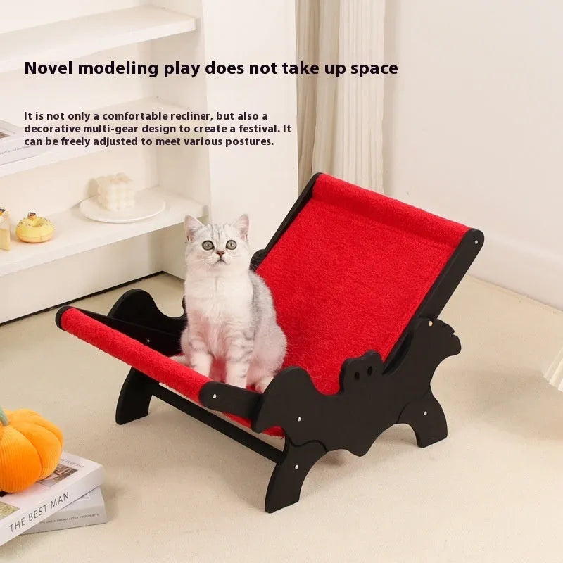 Wooden cat recliner lounge chair with black and red Halloween colour scheme