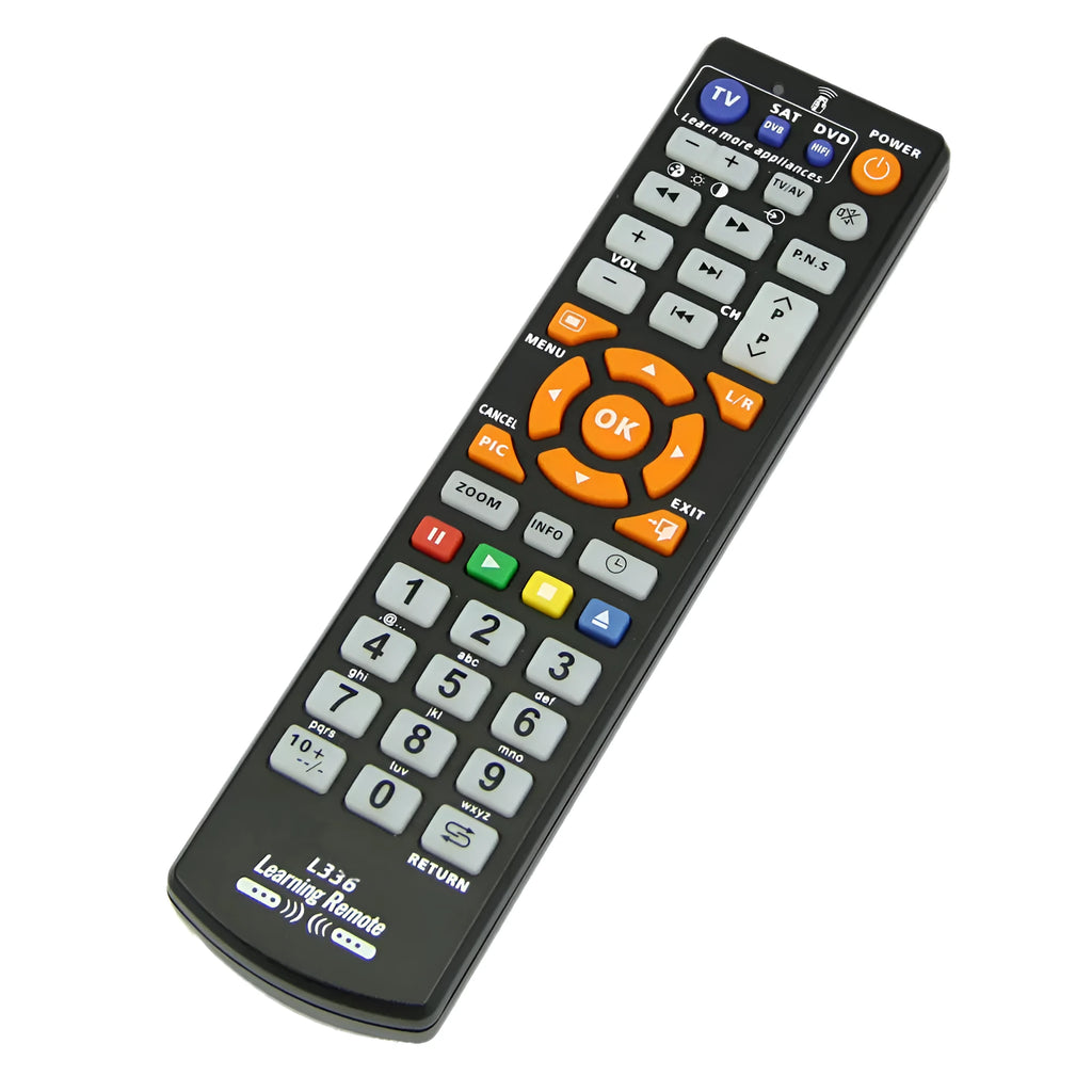 Black L336 learning remote control for audio equipment with full key programming buttons