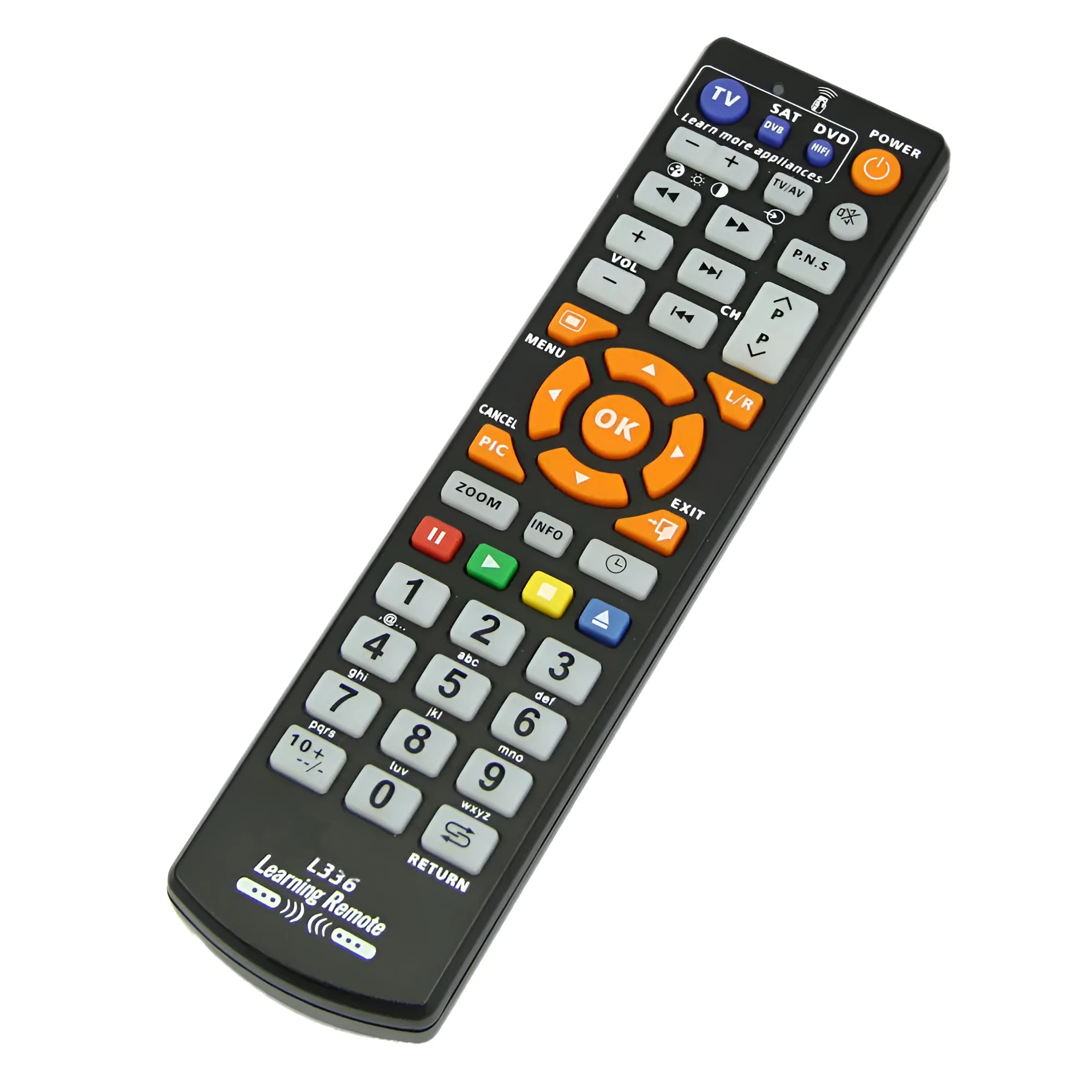 Black L336 learning remote control for audio equipment with full key programming buttons