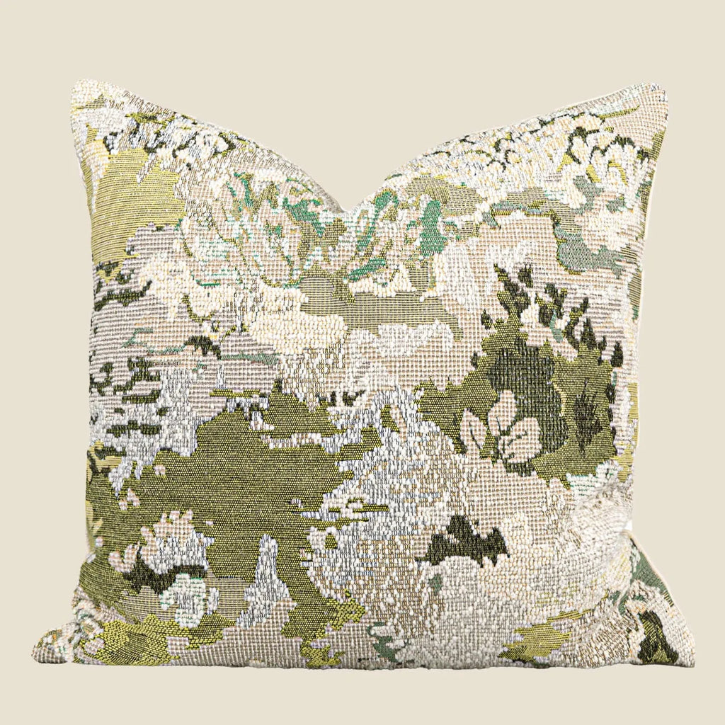 Antique green wool blend pillowcase with French style spring flowers botanical pattern, shown in square and waist sizes.