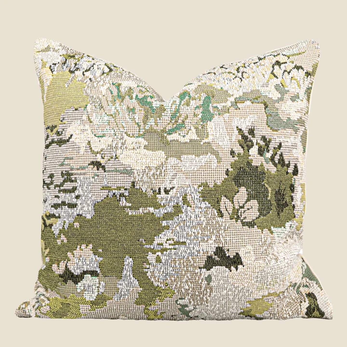 Antique green wool blend pillowcase with French style spring flowers botanical pattern, shown in square and waist sizes.