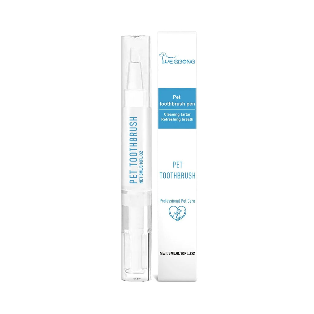 A white pet toothbrush pen with a soft bristle head and an included tube of pet toothpaste.
