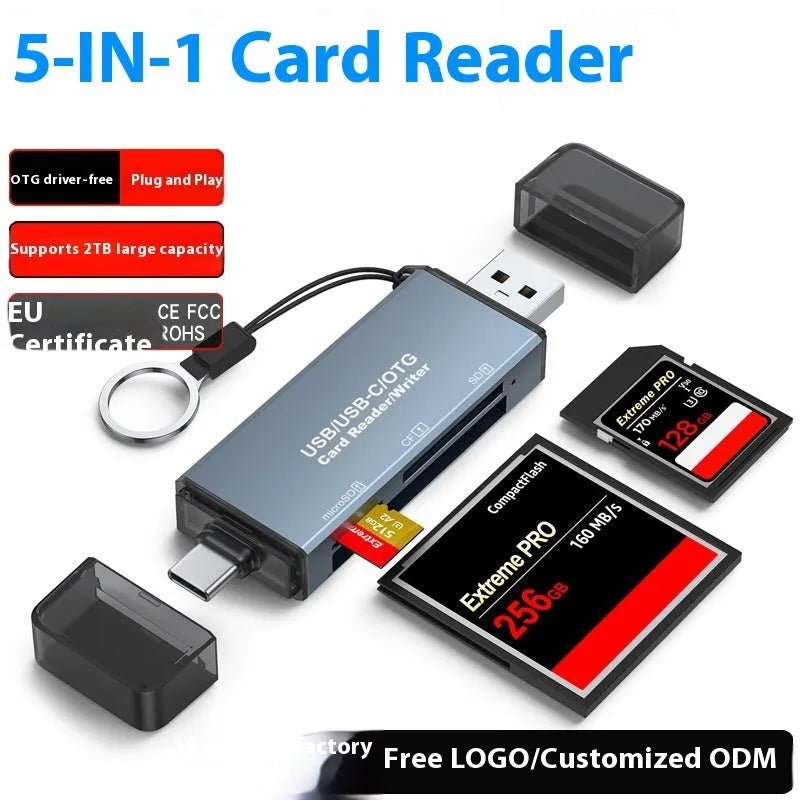 Silver aluminium alloy USB card reader with CF, SD, and TF slots on a desk.