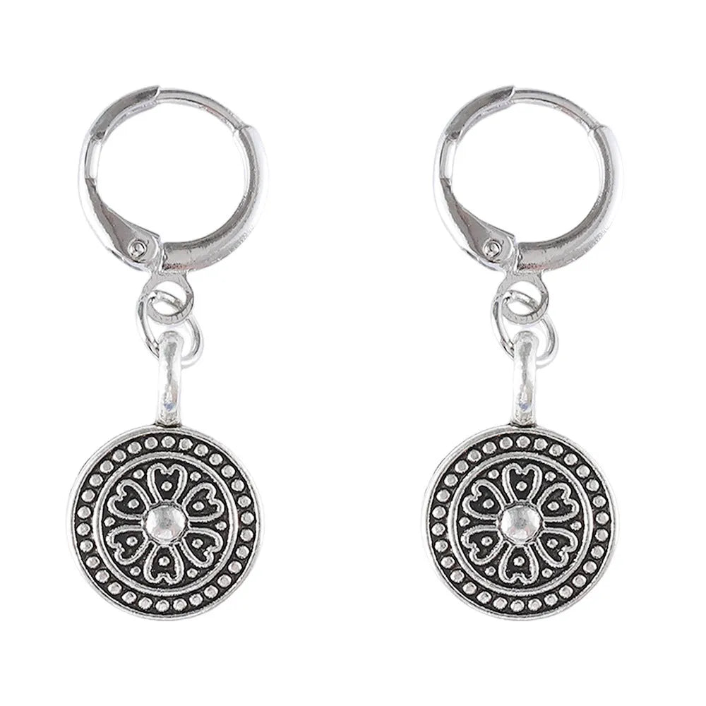 Bohemian retro geometric earrings with distressed ethnic detailing and round print design in zinc alloy