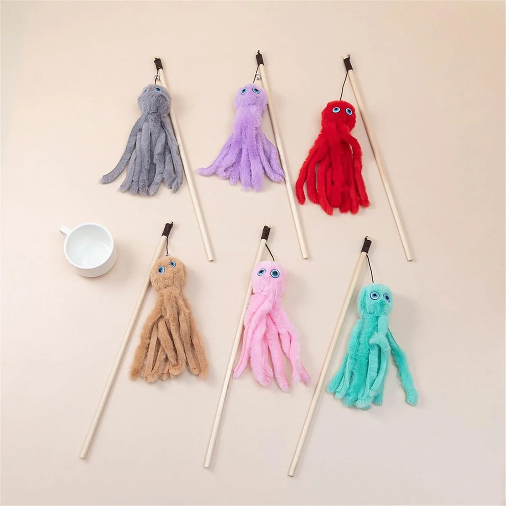 Colourful octopus cat toy on a 40cm stick with furry pom-poms and moving eyes