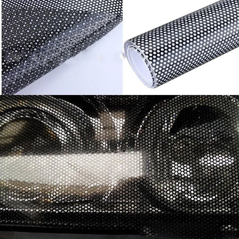 Black perforated mesh automotive film sheet for car wraps measuring 30cm by 106cm