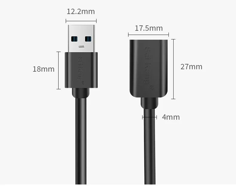 Black USB male to female extension cable showing connector details and available in multiple lengths