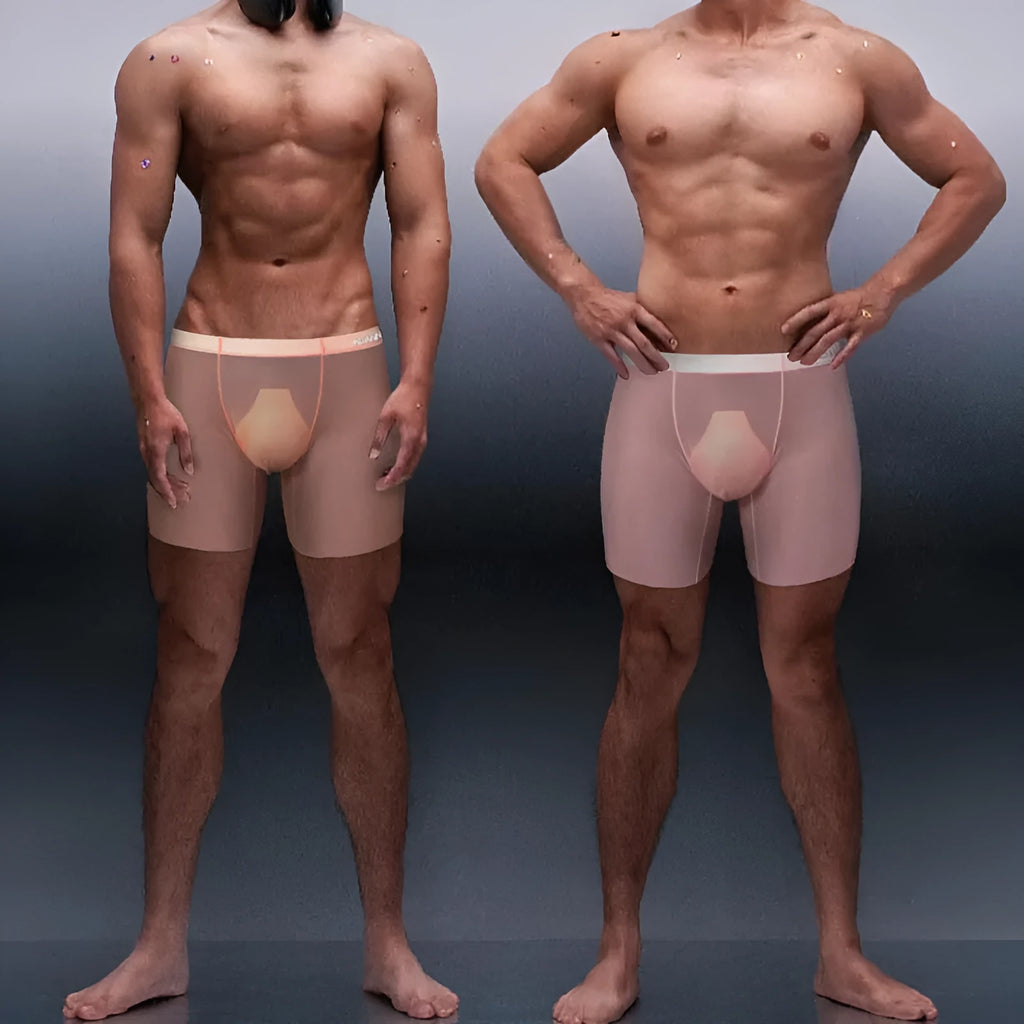 Orange seamless low-waist sports boxers for men on a grey background.