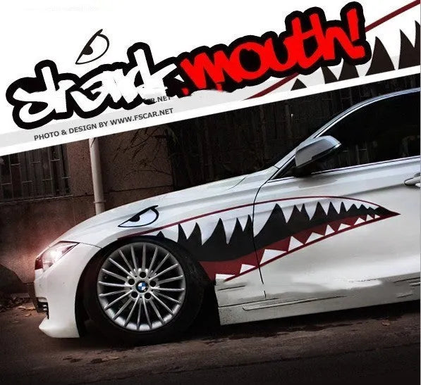 Large Shark graphic car body sticker shown on a vehicle, available in two height options.