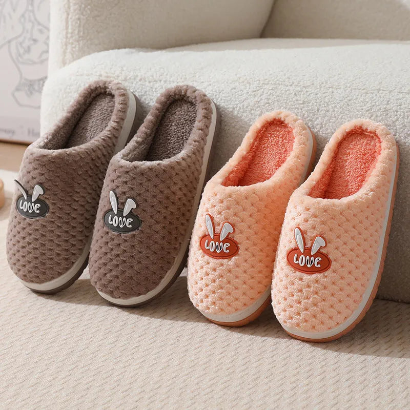 Women's rabbit plaid design artificial fur house slippers with thick non-slip rubber sole