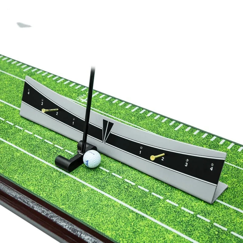 Adjustable golf putter balance simulator made of white PVC with a central training guide.