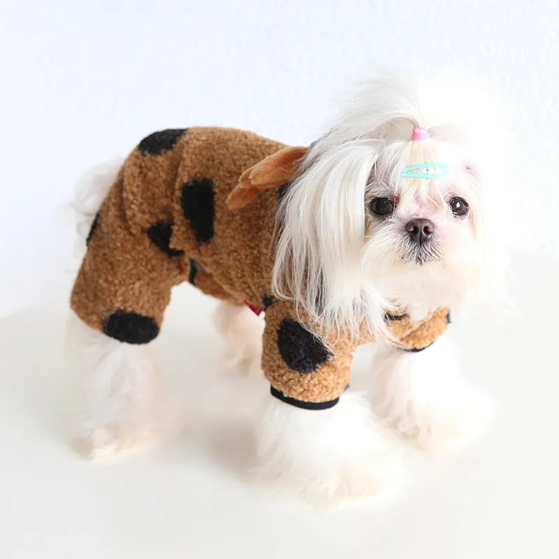 Polka dot elk couple pattern pet clothing for dog or cat, shown in skirt style and four-legged style on mannequin.