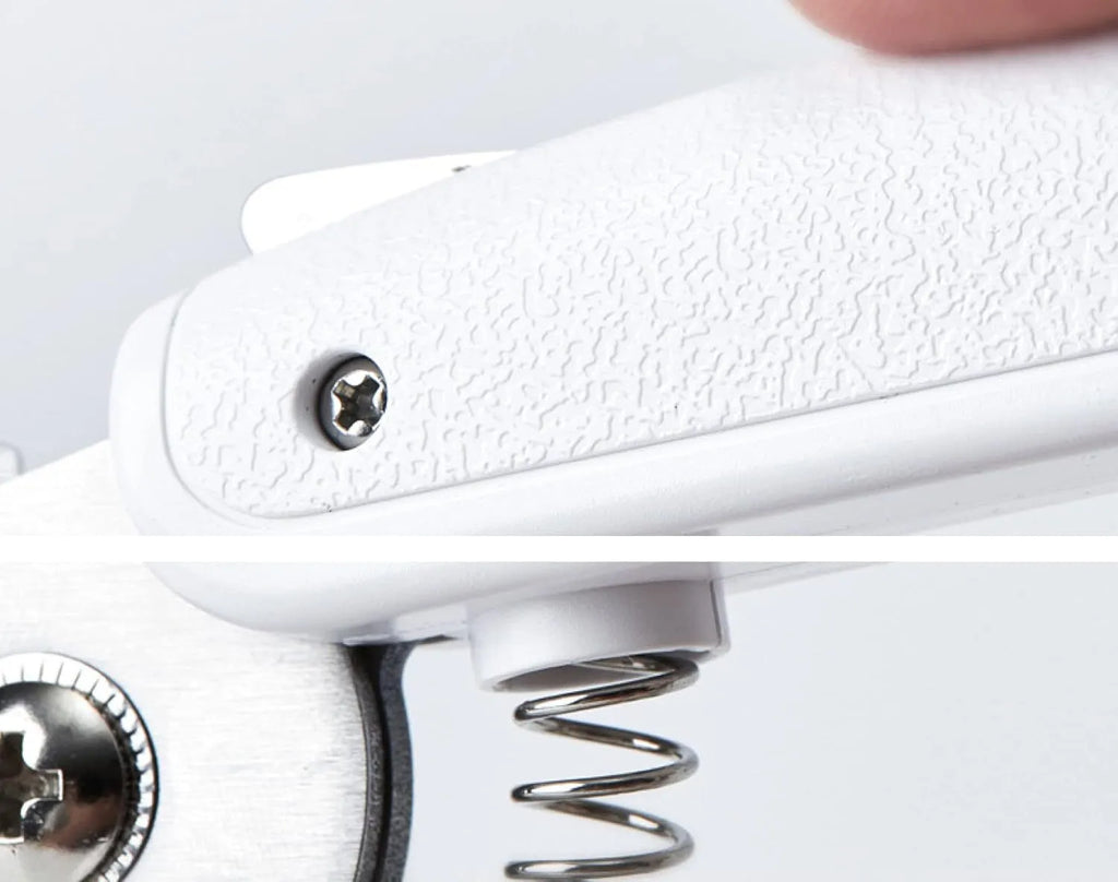 White LED pet nail clippers for dogs and cats with a transparent safety guard and leather-like handle.