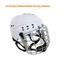 White ice hockey helmet with a black carbon steel face mask and cushioned interior lining.