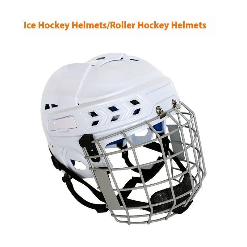 White ice hockey helmet with a black carbon steel face mask and cushioned interior lining.