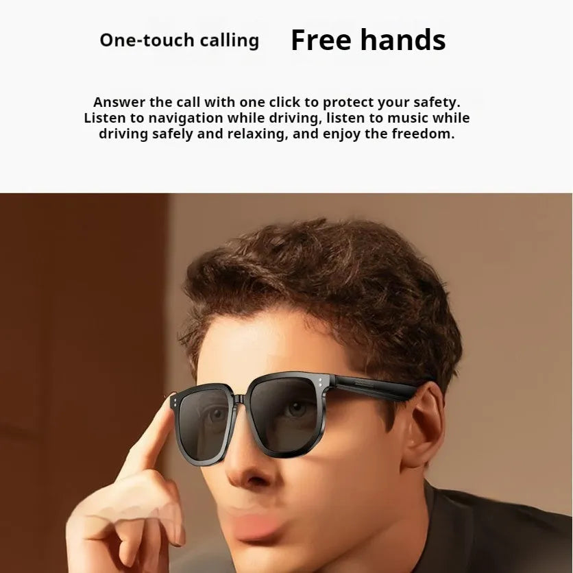 Black AI smart glasses with Bluetooth audio and touch controls featuring sunglass lenses