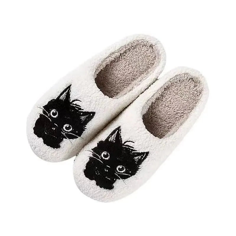 White plush couples slippers with black beard cat cartoon print and non-slip sole