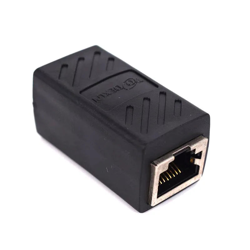 Black RJ45 network cable butt joint extender adapter for Ethernet cable connections.