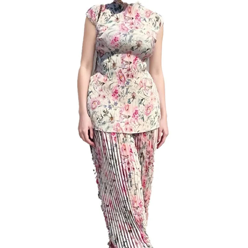 Long sleeve printed chiffon dress with high waist and matching top in a picture colour pattern.