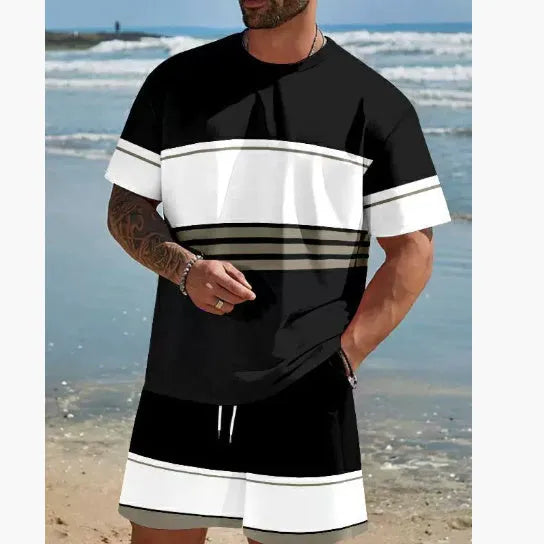 Man wearing a loose-fit, short-sleeved polyester T-shirt and matching shorts in a light colour.