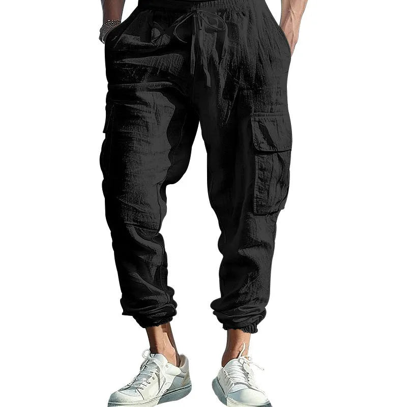 Men's linen casual trousers with ankle ties and drawstring waist in army green colour