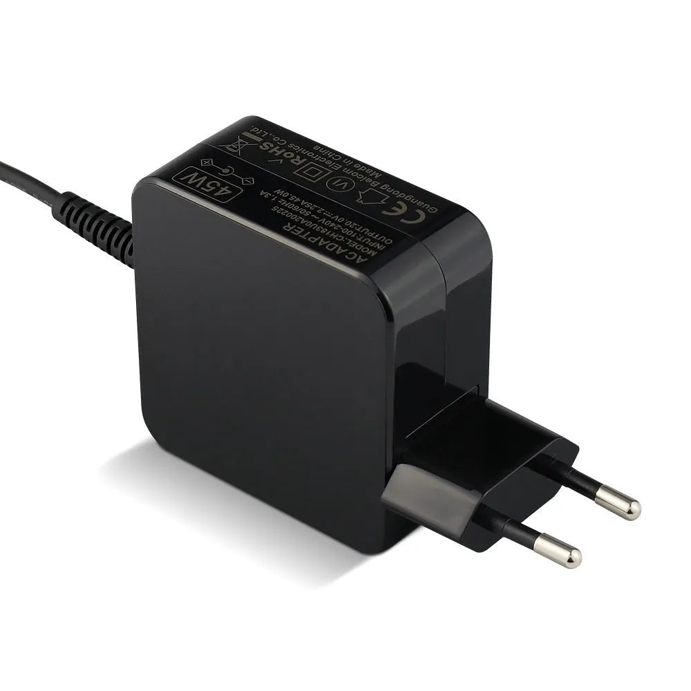 Black 45W laptop adapter with EU and US plug options showing DC connector