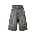 Straight cut denim shorts with distressed raw edge detailing in black, dark blue, and light blue colours